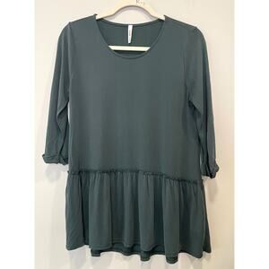 Peplum Ruffle Hem Top Forest Green Modal/Cotton Blend 3/4 Length Sleeve Sz Large
